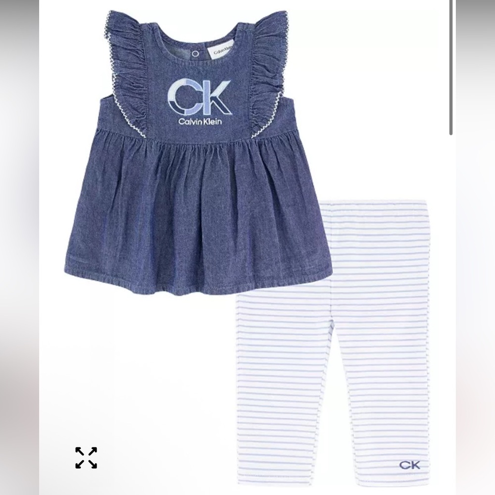 EUC Calvin Klein Baby Denim Ruffle Top &Light Blue Stripe Leggings